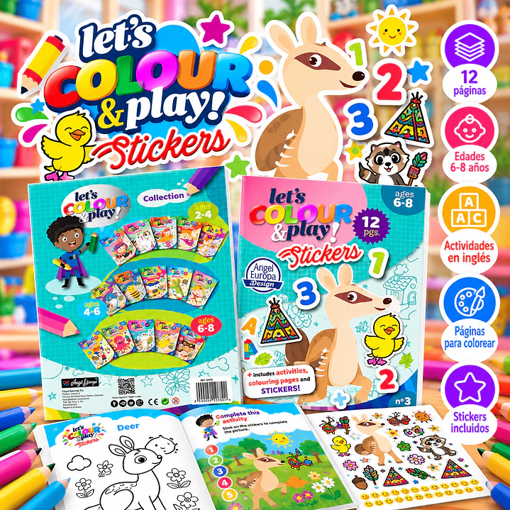 LIBRO PARA COLOREAR EN INGLÉS CON STICKERS LET'S COLOUR & PLAY 1