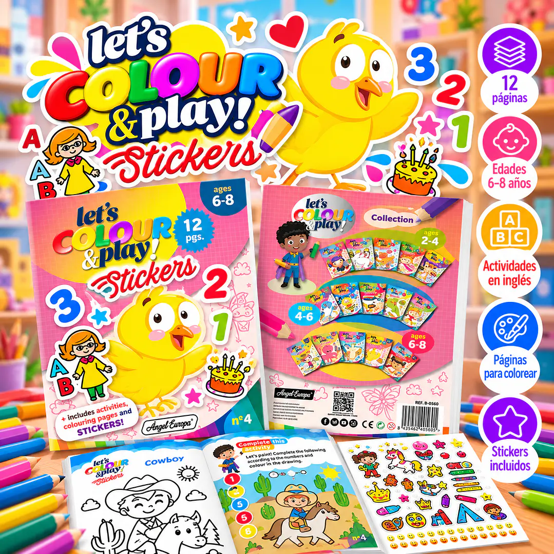 LIBRO PARA COLOREAR EN INGLÉS CON STICKERS LET'S COLOUR & PLAY 1