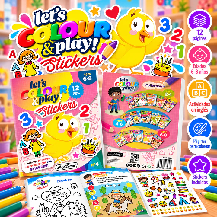 LIBRO PARA COLOREAR EN INGLÉS CON STICKERS LET'S COLOUR & PLAY 1
