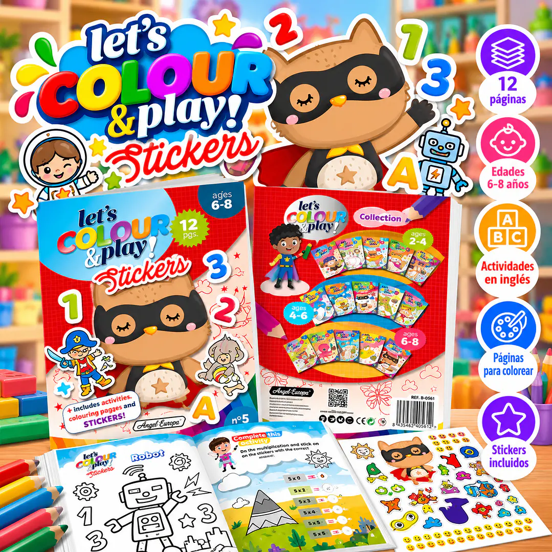 LIBRO PARA COLOREAR EN INGLÉS CON STICKERS LET'S COLOUR & PLAY 1