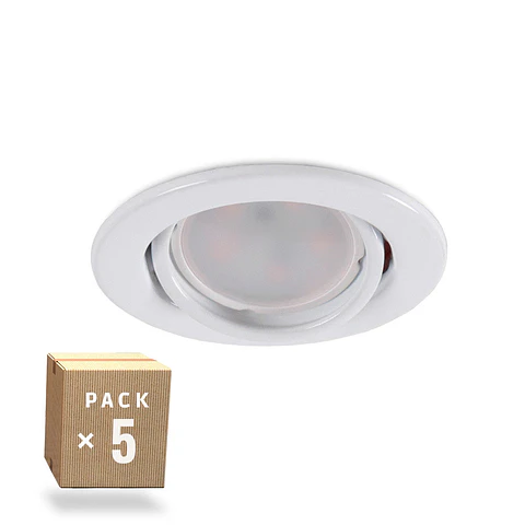 Pack de 5 Lampadas LED GU10 6W 500Lm 6000ºK 40.000H - Anel Downlight Redondo InclinÃ¡vel "Vepa" AÃ§o 90mm - Branco