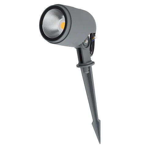 Refletor LED com estaca para jardim, 12W, IP65, 2700K, acabamento cinza.