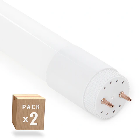 Pack com 2 tubos LED T8, 18W, 2.880 lumens, 6000K, vidro, 120 cm, Ligaçoes em ambas as extremidades, 40.000 horas