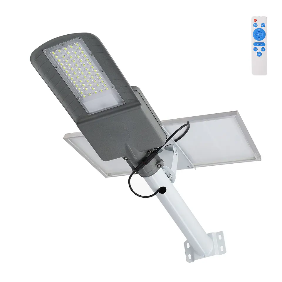 Luz de rua solar LED 100W 5000K Painel 6V 25W Bateria 20Ah Sensor crepuscular / Controle Remoto 1