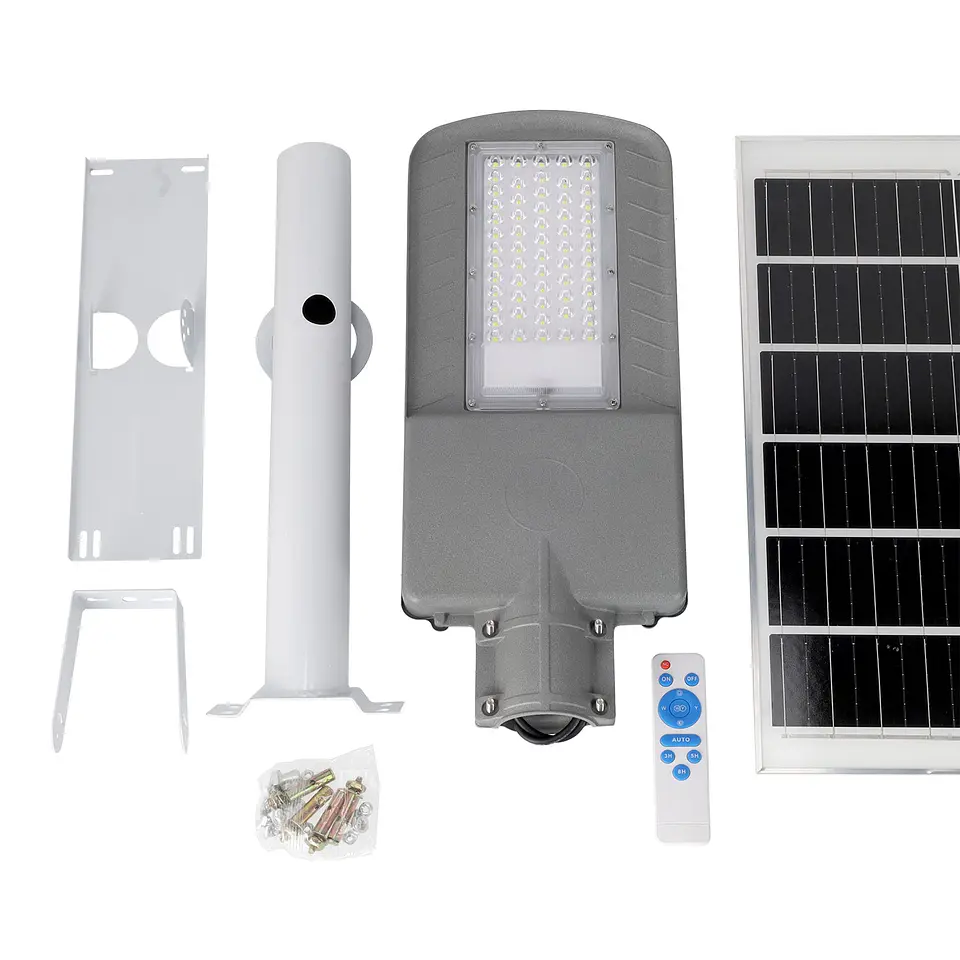 Luz de rua solar LED 100W 5000K Painel 6V 25W Bateria 20Ah Sensor crepuscular / Controle Remoto 6