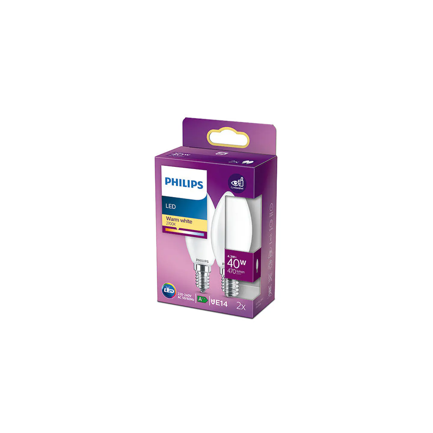 Pacote 2 Lampada LED Philips E14 B35 4.3W 470Lm 2700K [Ph-929001345367] 1