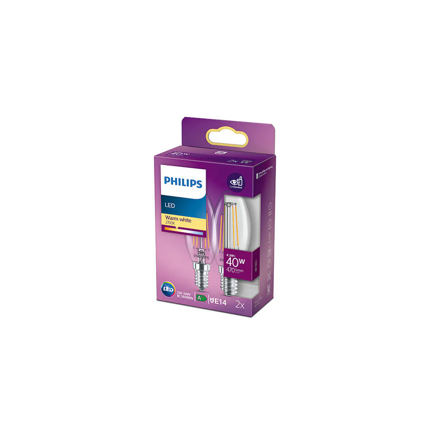 Pacote 2 Lampada LED Philips E14 B35 4.3W 470Lm 2700K [Ph-929001889767] 1