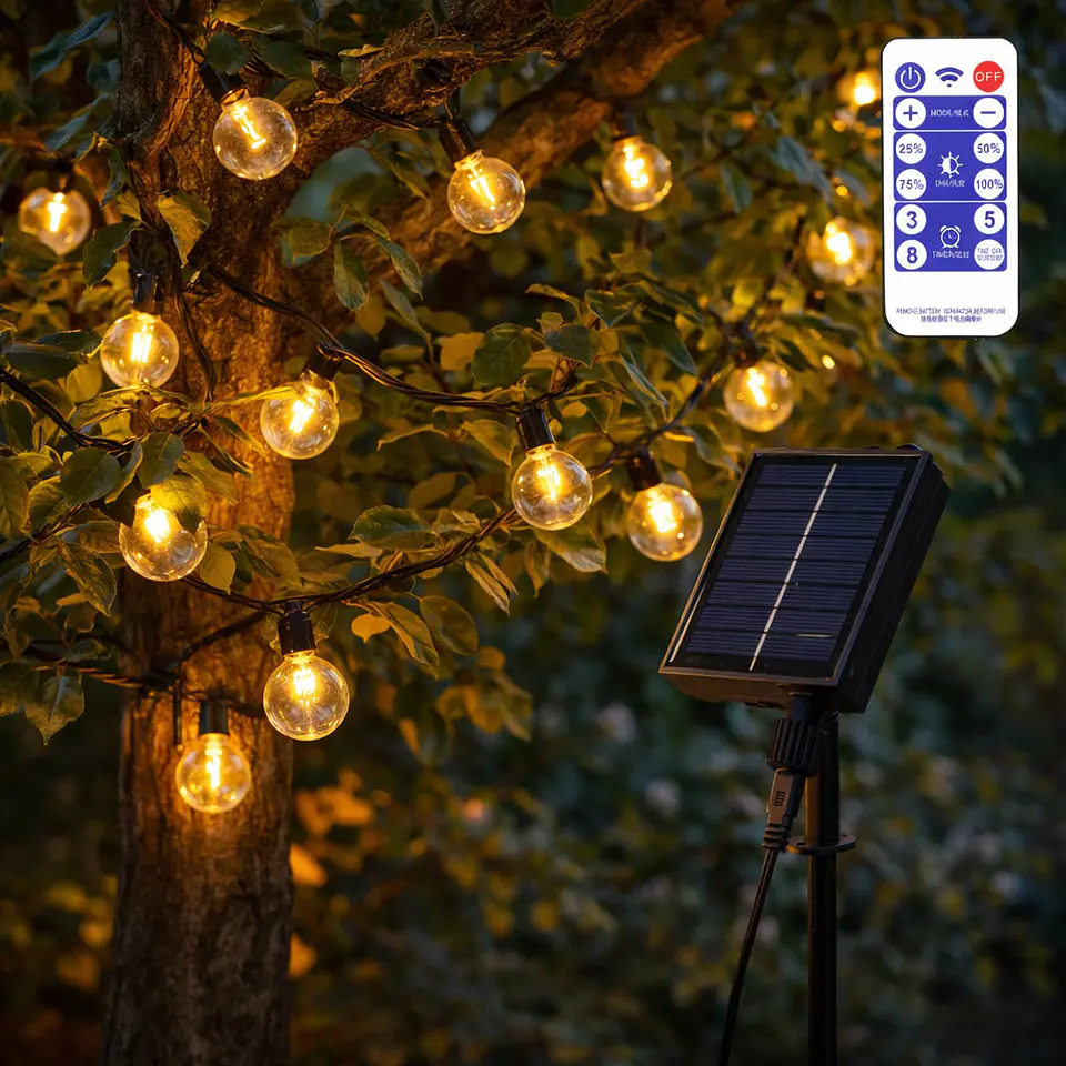 Corrente 25 LÃ¢mpadas LED G40 2700ÂºK 9,5M Solar - Painel: 5,5V 1,2W Bateria: 3,7V 1200Mah [Ho-Cad-25-Sol-Ww] 1