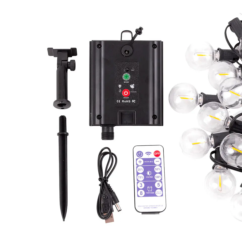 Corrente 25 LÃ¢mpadas LED G40 2700ÂºK 9,5M Solar - Painel: 5,5V 1,2W Bateria: 3,7V 1200Mah [Ho-Cad-25-Sol-Ww] 4