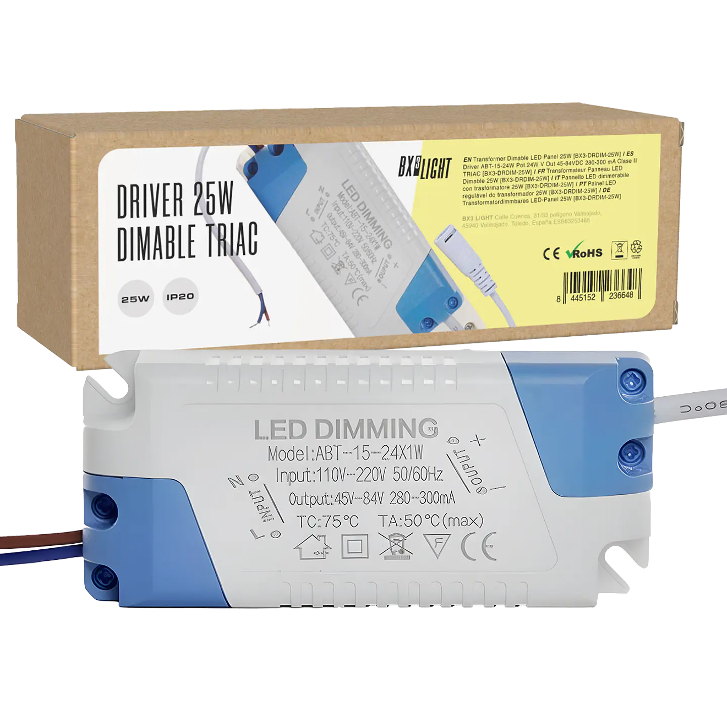 Driver ABT-15-24W Pot.24W V Out 45-84VDC 280-300 mA Clase II TRIAC [BX3-DRDIM-25W] 1
