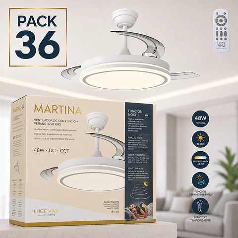 Pack com 36 ventiladores DC "Martina" · Função verão-inverno · 48W · Branco · 3 pás · 5040 lm · 3500-4000-6500K · Controle remoto e temporizador