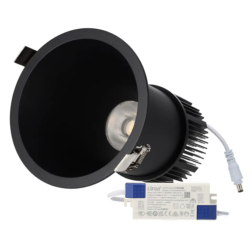 LuminÃ¡ria de encastrar LED 10W 90lm/W CRI>95 4000K Driver Lifud 50.000H Branco Natural Preto 1