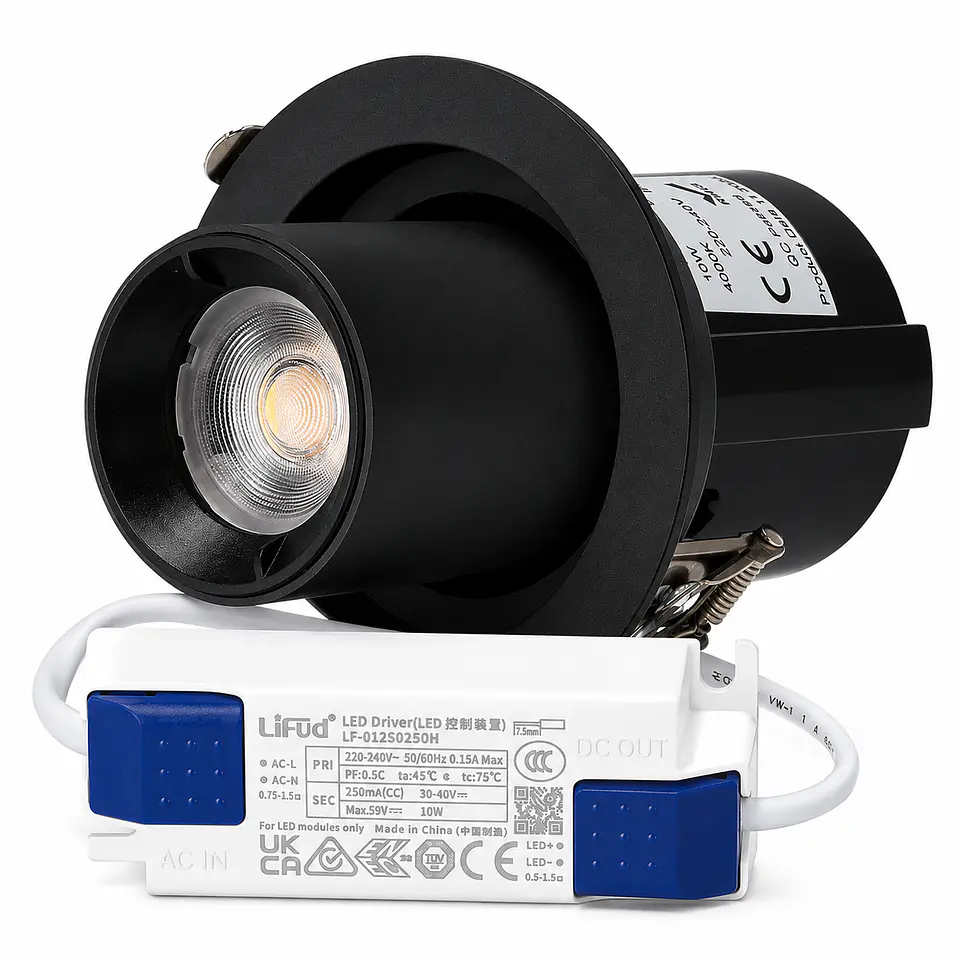 LuminÃ¡ria de encastrar LED ajustÃ¡vel de 10W, CRI>90, 90lm/W, 4000K, driver Lifud, 50.000H, branco natural, preta 1