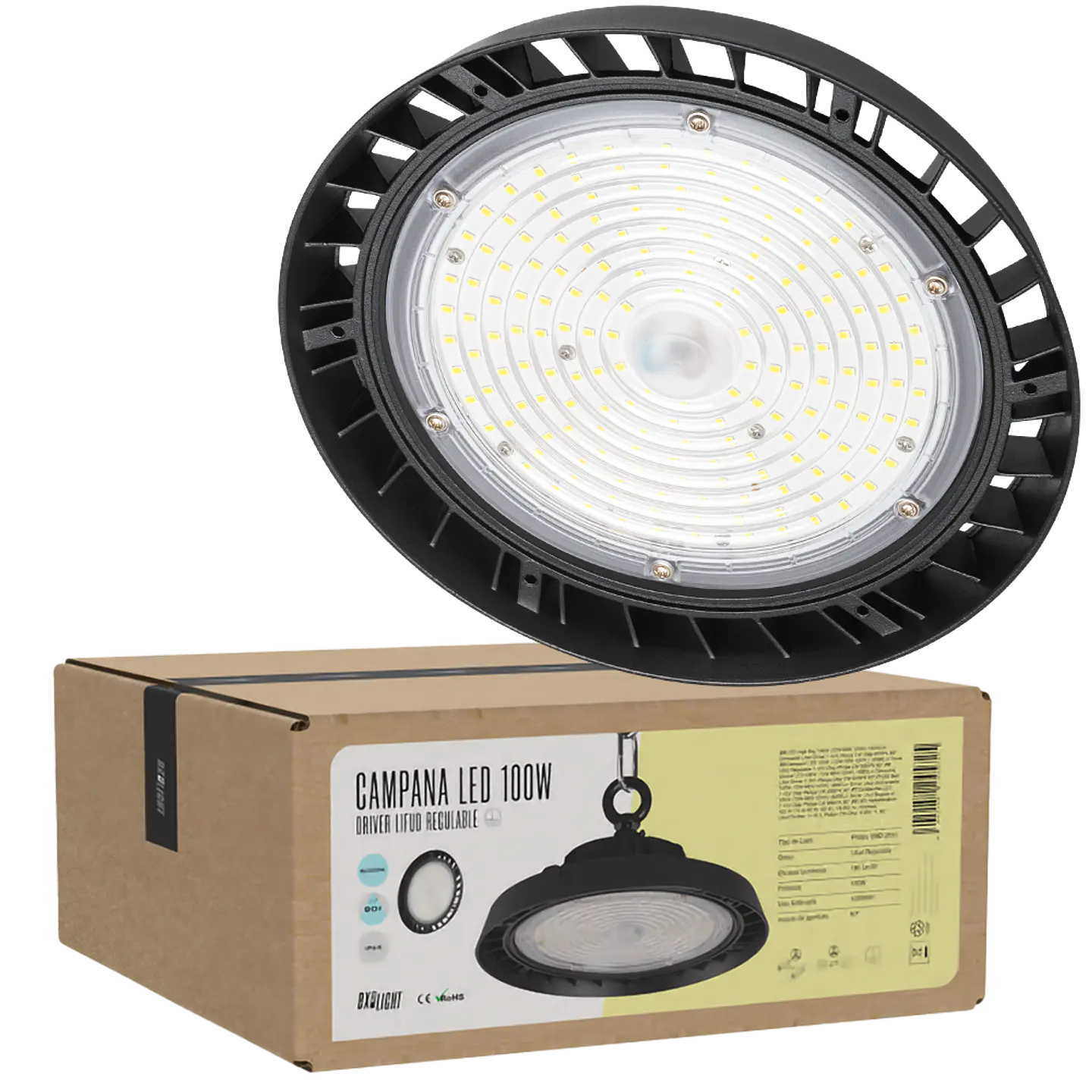 Campainha LED 100W (72W-96W-120W) 18000Lm Driver Lifud RegulÃ¡vel 1-10V Chip Philips CW 6000ÂºK 90Âº 1