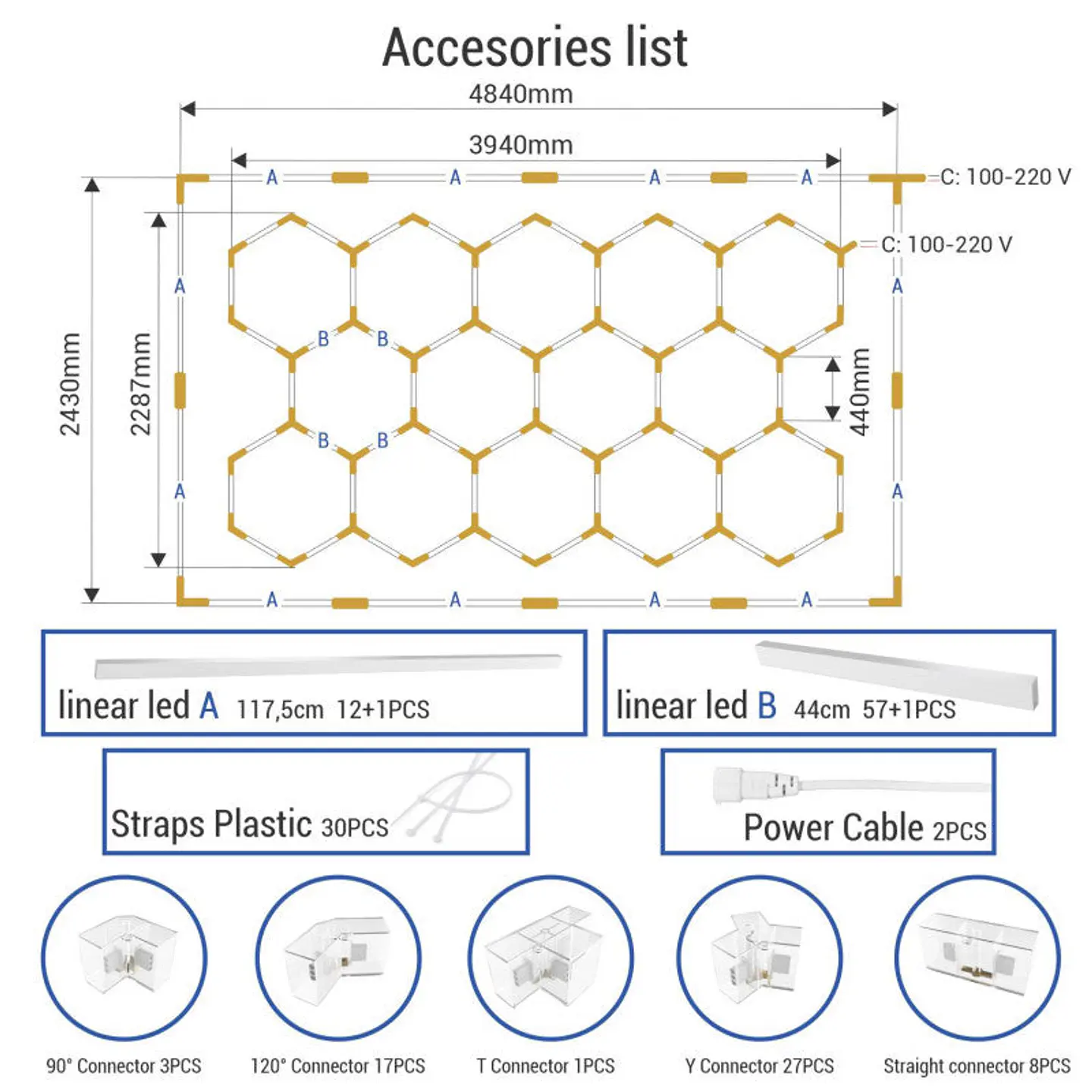 LÃ¢mpada LED Hexagonal - 6000K - 14 HexÃ¡gonos + RetÃ¢ngulo 5m 4