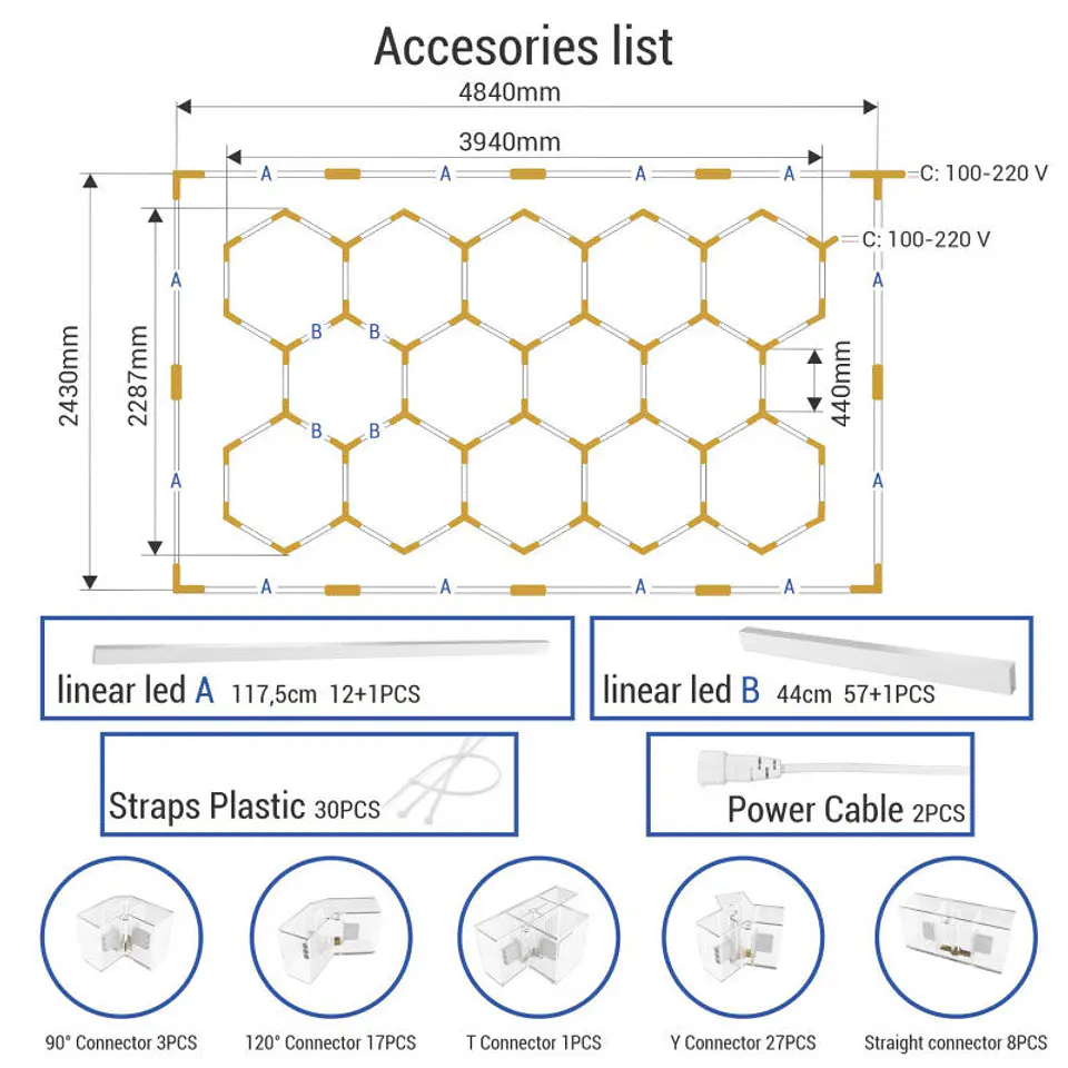 LÃ¢mpada LED Hexagonal - 6000K - 14 HexÃ¡gonos + RetÃ¢ngulo 5m 4