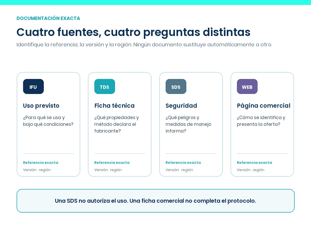 Comparación visual entre IFU, TDS, SDS y página comercial