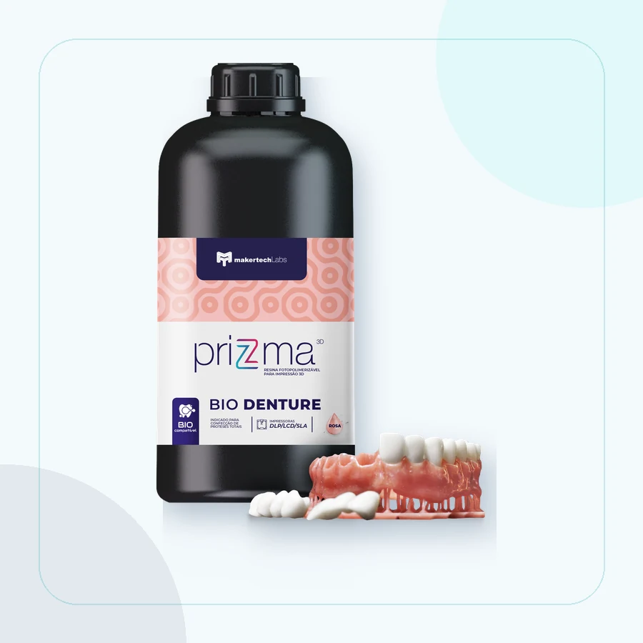 Frasco priZma 3D Bio Denture con ejemplo de base de prótesis total