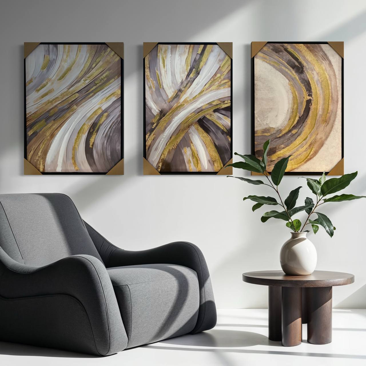 CUADRO TRIPTICO LINEAS DORADO C/MARCO 1