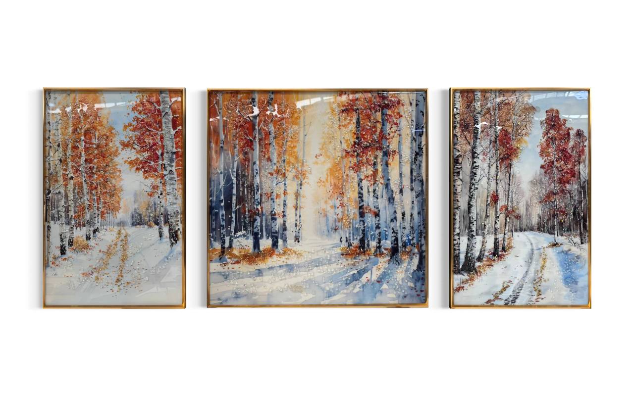 Cuadro Tríptico Bosque Nevado  2