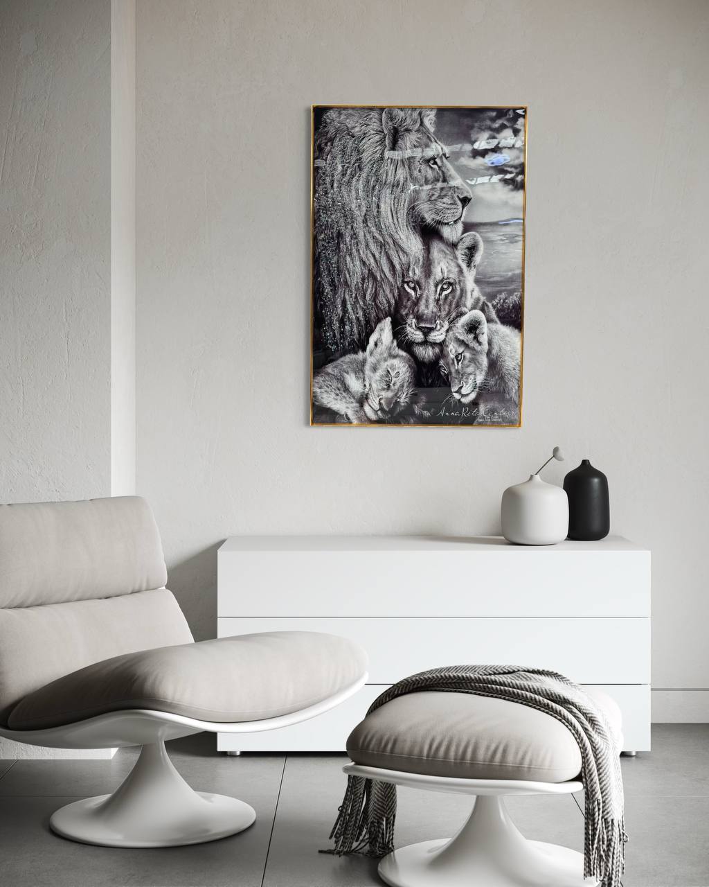 Cuadro Porcelana Familia Leones Cachorros  1