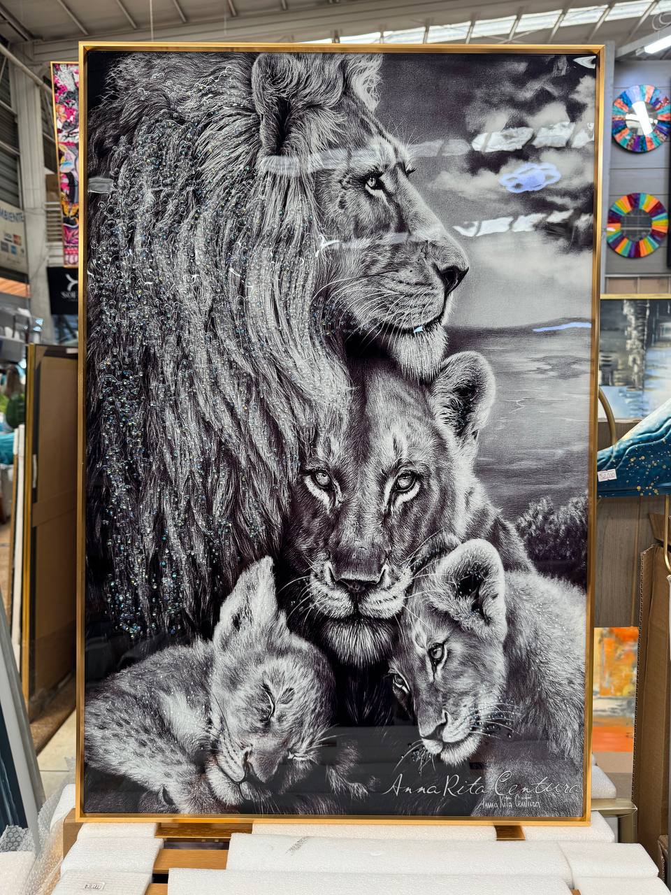 Cuadro Porcelana Familia Leones Cachorros  2