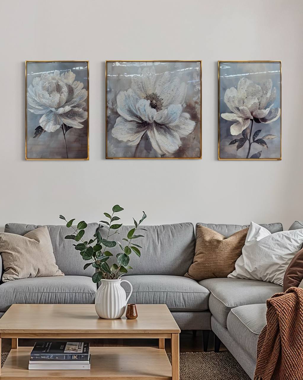 Tríptico Flores Gris 