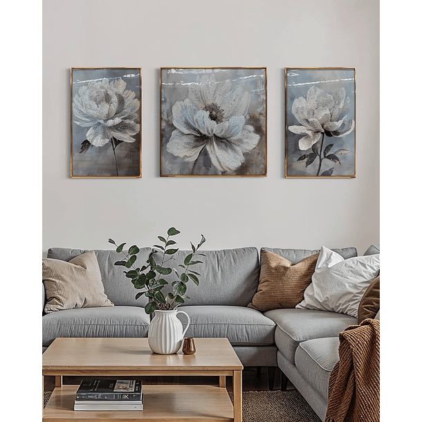 Tríptico Flores Gris 
