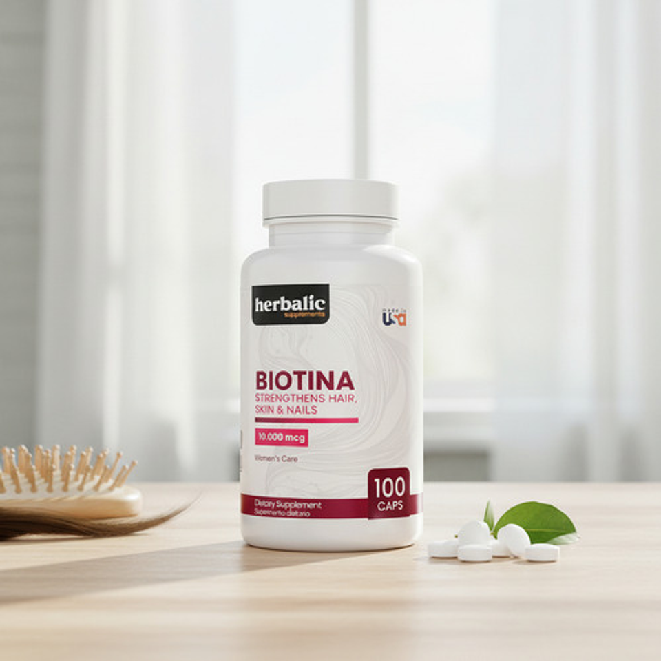 Biotina 10.000 Mcg Herbalic 100 Cápsulas Suplemento Para Cab 5
