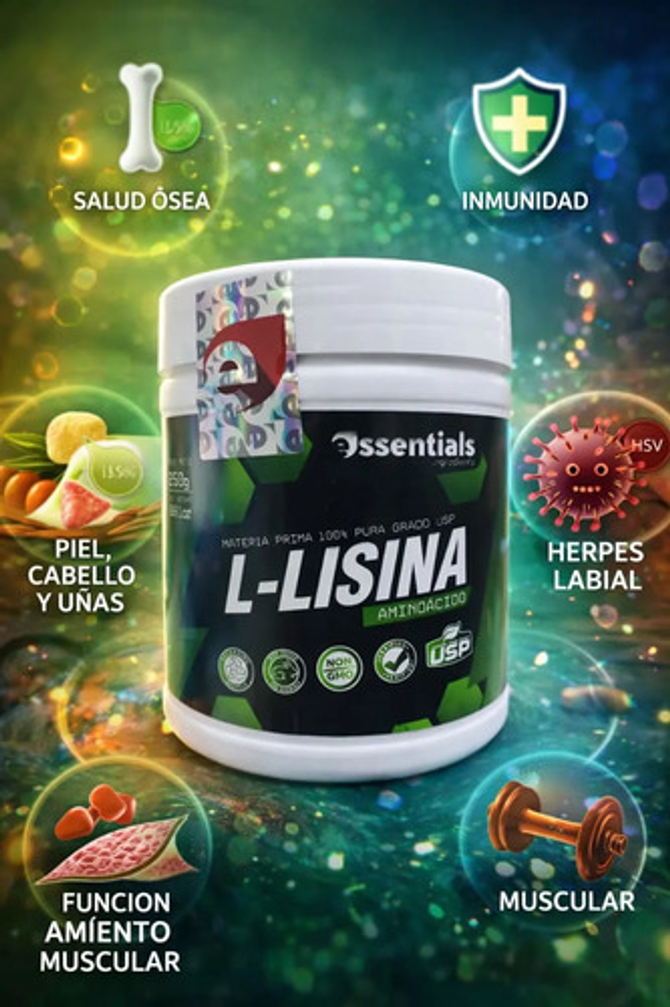 Suplemento L-lisina Essentials Usp 250g Aminoácido Para Salu 5