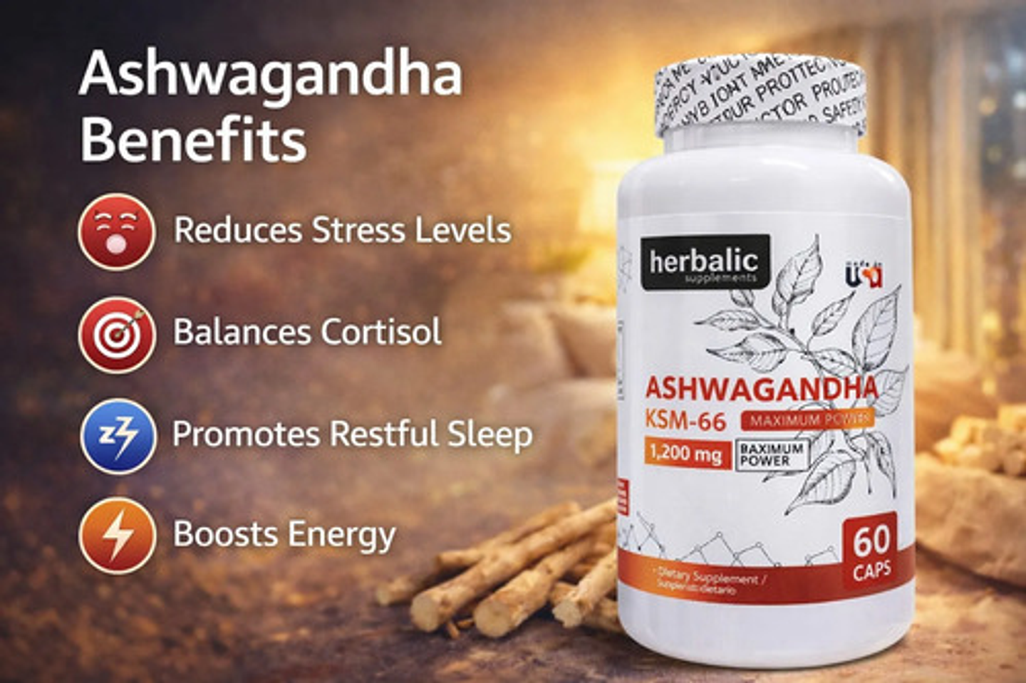 Ashwagandha Ksm-66 1200mg 60 Cápsulas Herbalic Suplemento Di 3