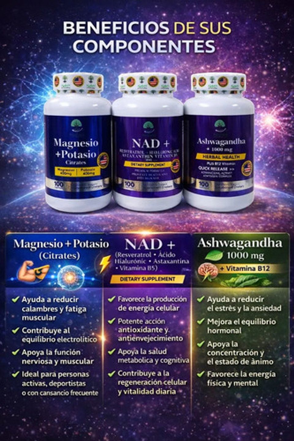 Magnesium + Potasium + Nad Resveratrol + Ashwganda X100 Cdu 2
