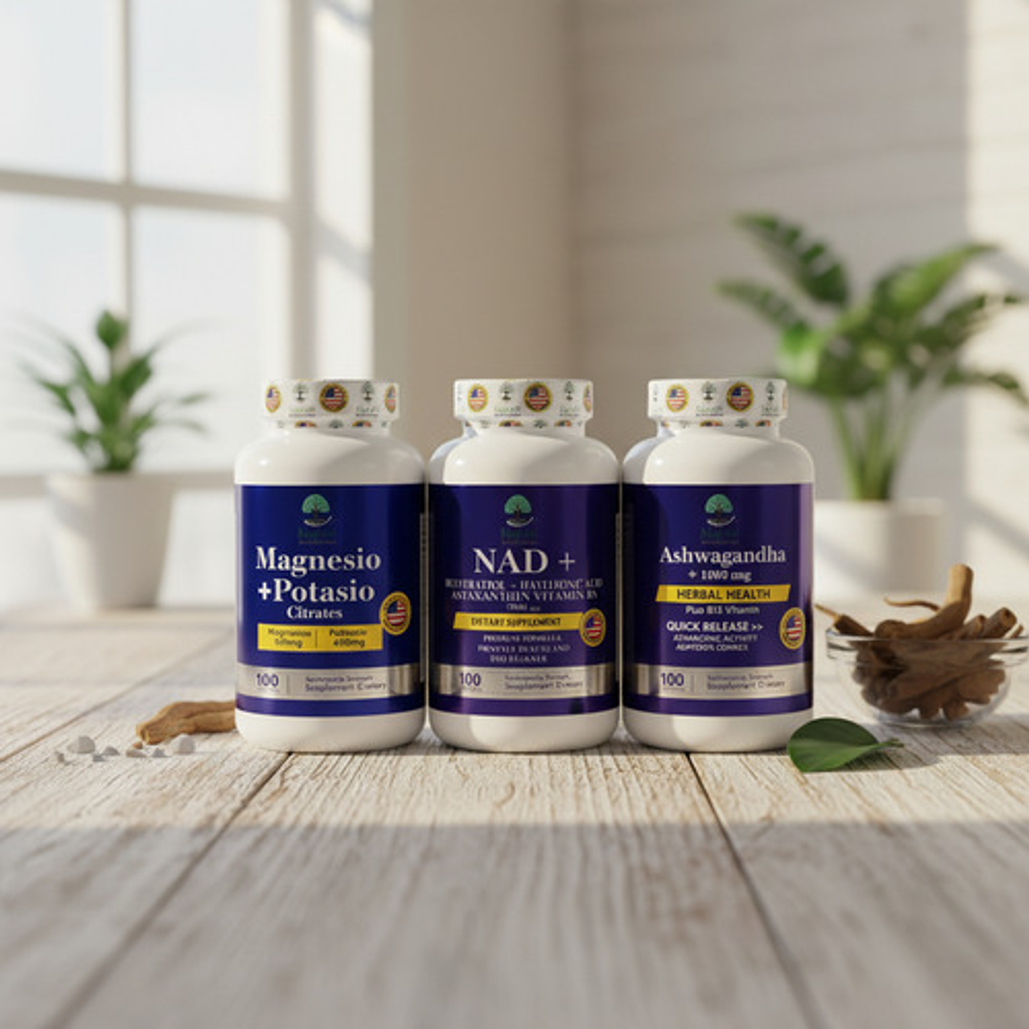 Magnesium + Potasium + Nad Resveratrol + Ashwganda X100 Cdu 3