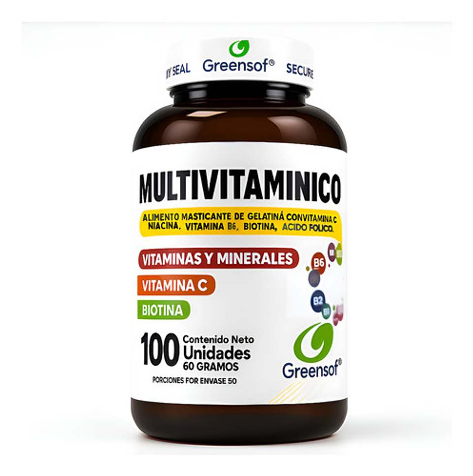 Multivitamínico Greensoft 100 Cápsulas Complejo B Biotina Vitamina C Sin Sabor 1