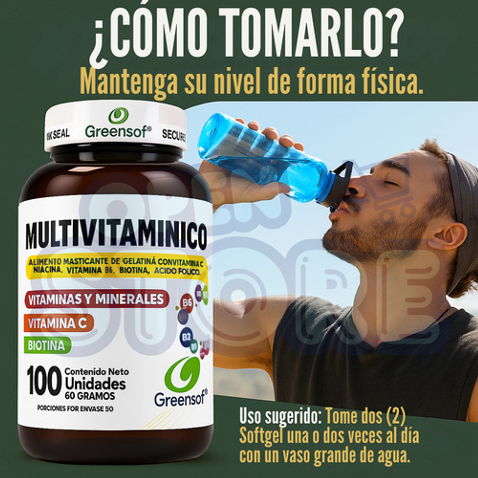 Multivitamínico Greensoft 100 Cápsulas Complejo B Biotina Vitamina C Sin Sabor 6