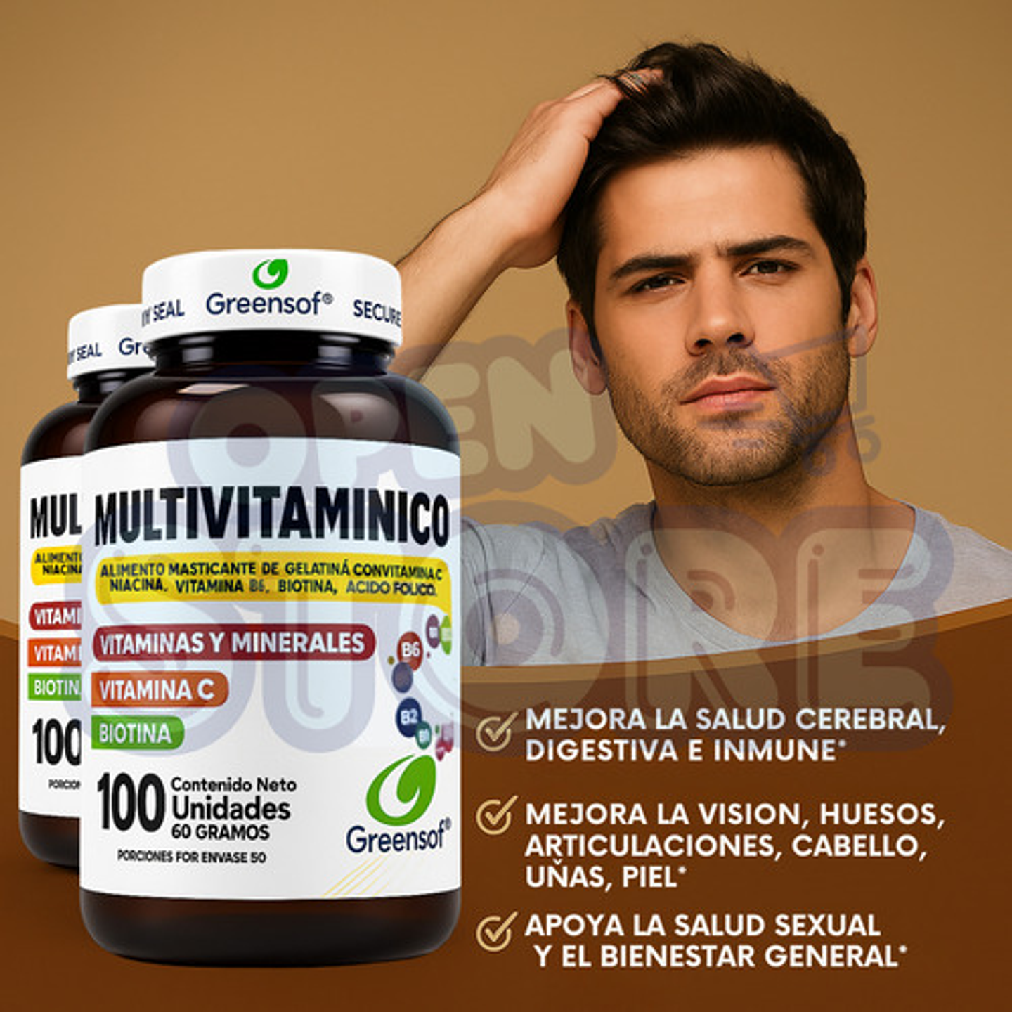 Multivitamínico Greensoft 100 Cápsulas Complejo B Biotina Vitamina C Sin Sabor 7