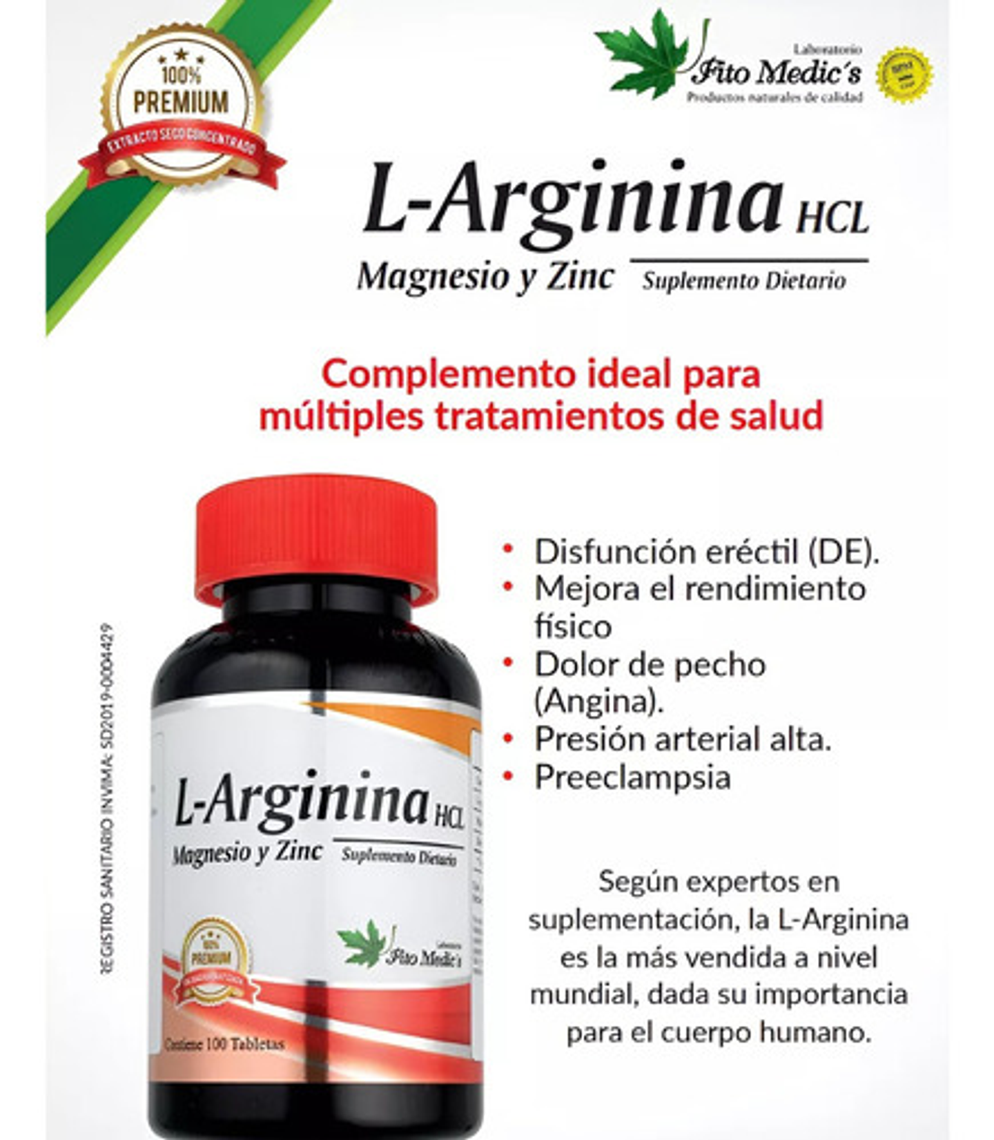 L-arginina Hcl Fito Medic's Para Circulación Y Rendimiento X 100 Cápsulas Sin Sabor 2
