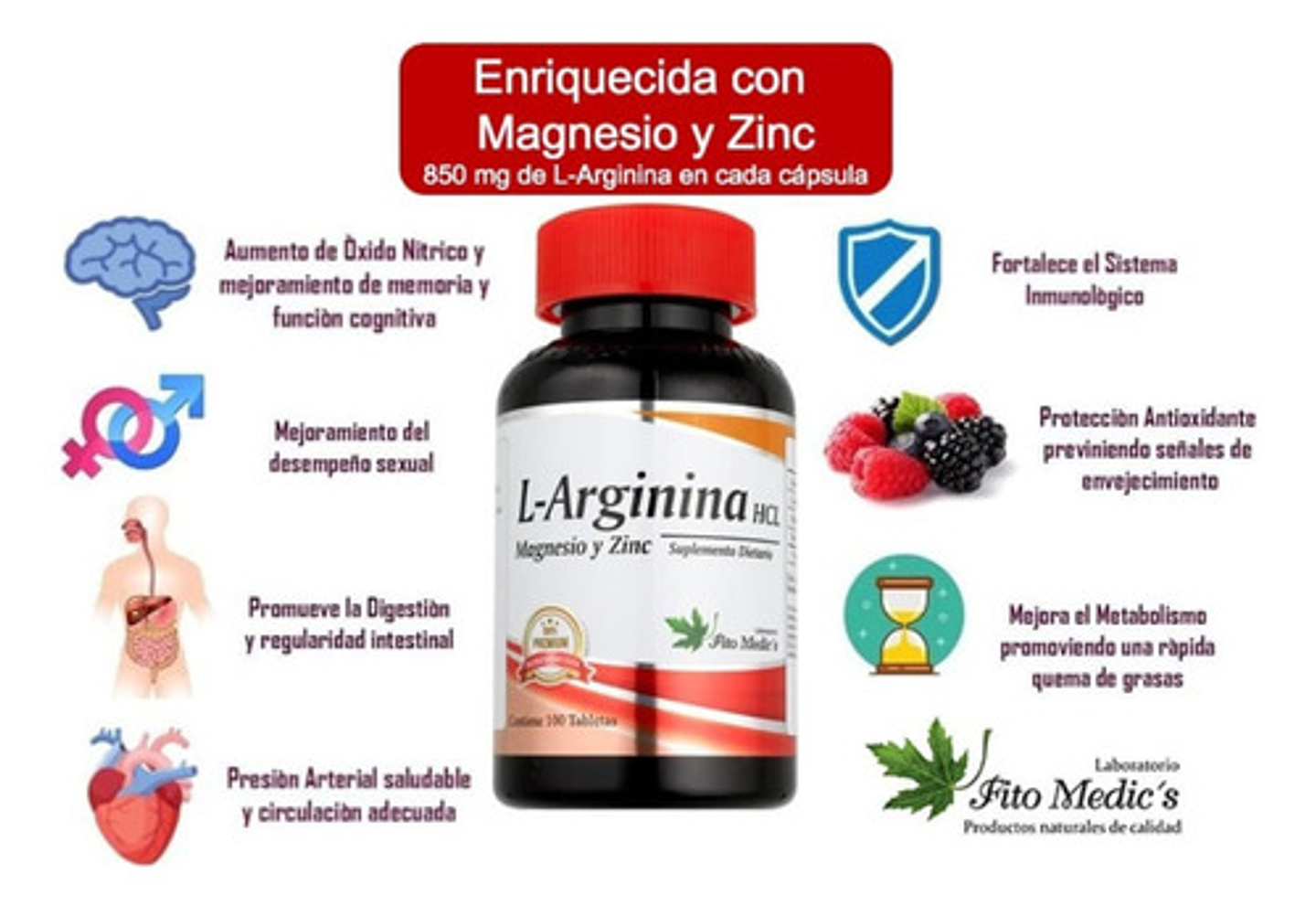 L-arginina Hcl Fito Medic's Para Circulación Y Rendimiento X 100 Cápsulas Sin Sabor 3