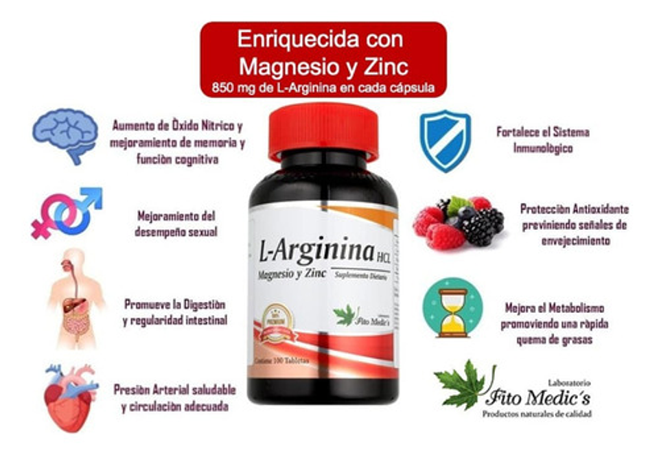 L-arginina Hcl Fito Medic's Para Circulación Y Rendimiento X 100 Cápsulas Sin Sabor 3