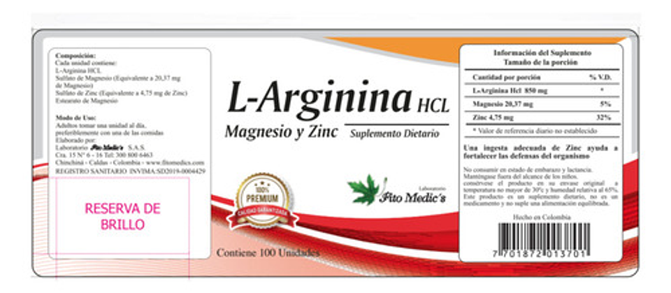 L-arginina Hcl Fito Medic's Para Circulación Y Rendimiento X 100 Cápsulas Sin Sabor 4