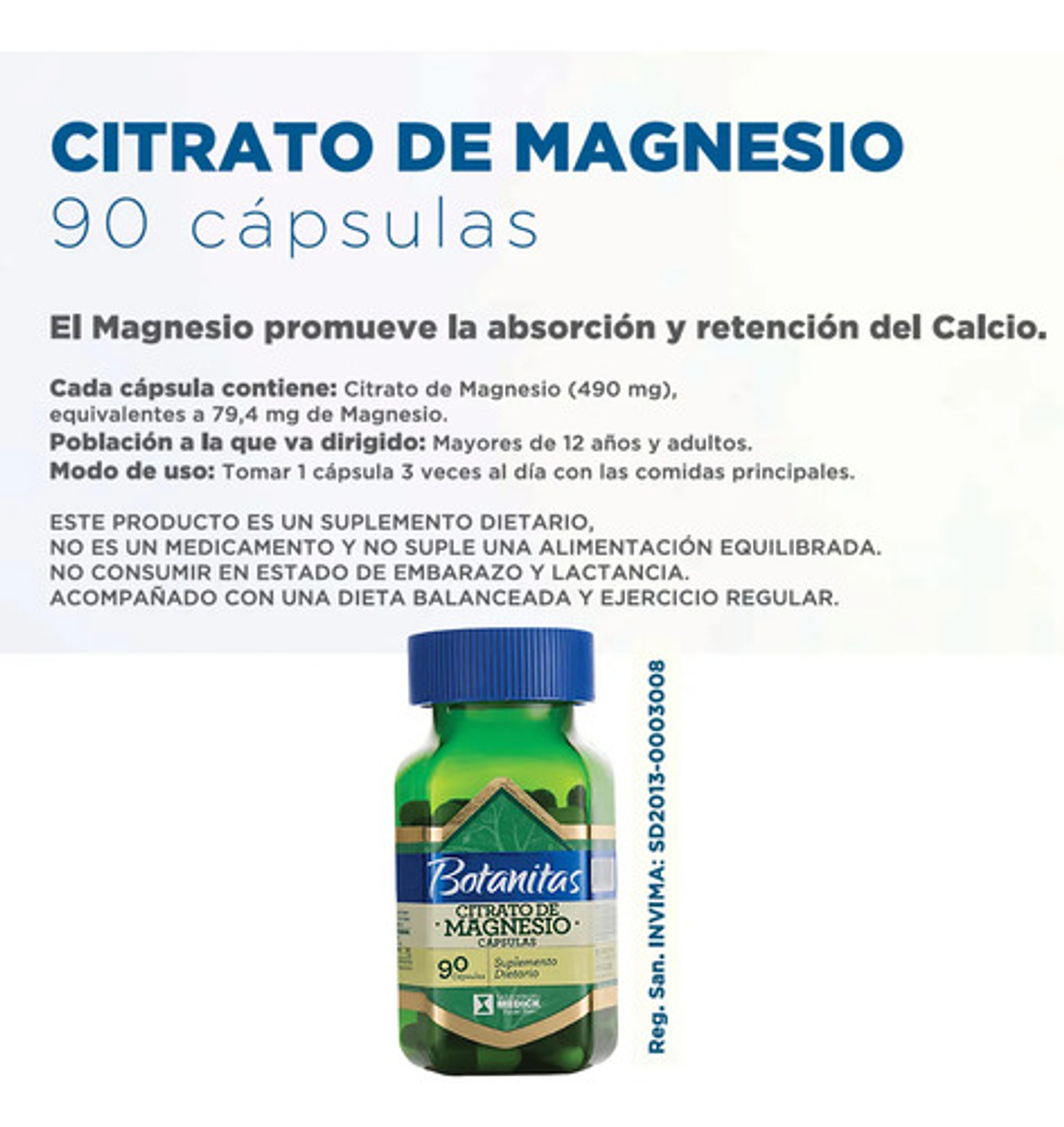 Citrato De Magnesio 490mg 90 Cápsulas Botanitas Libre De Gluten Natural 4