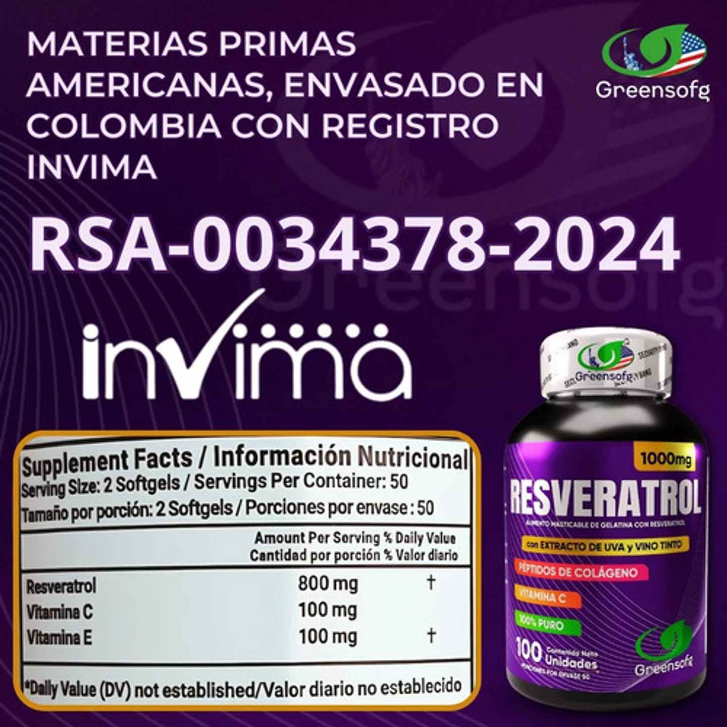 Resveratrol Americano Green Sofg Cápsulas Colágeno Vitamina C E 100 Original 2