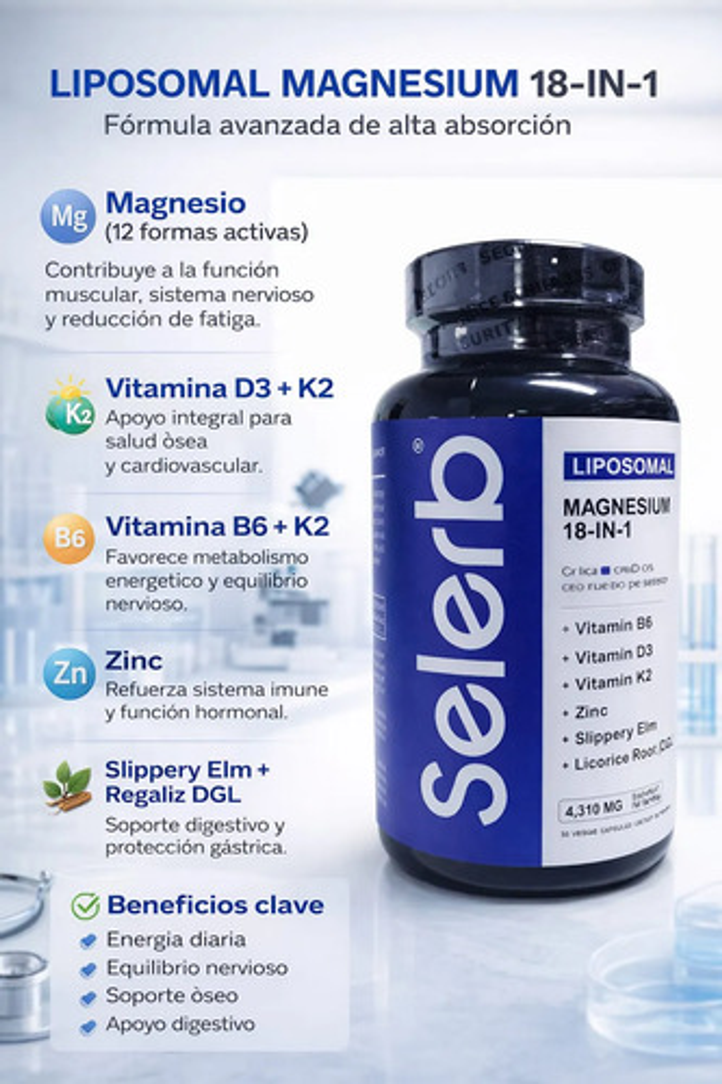 Magnesio Liposomal Selerb 18 En 1 Con Vitaminas D3, K2, Zinc 3
