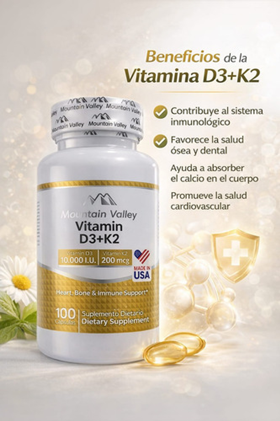 Vitamina D3 10000 Ui + K2 200 Mcg Mountain Valley 100 Cápsul 2