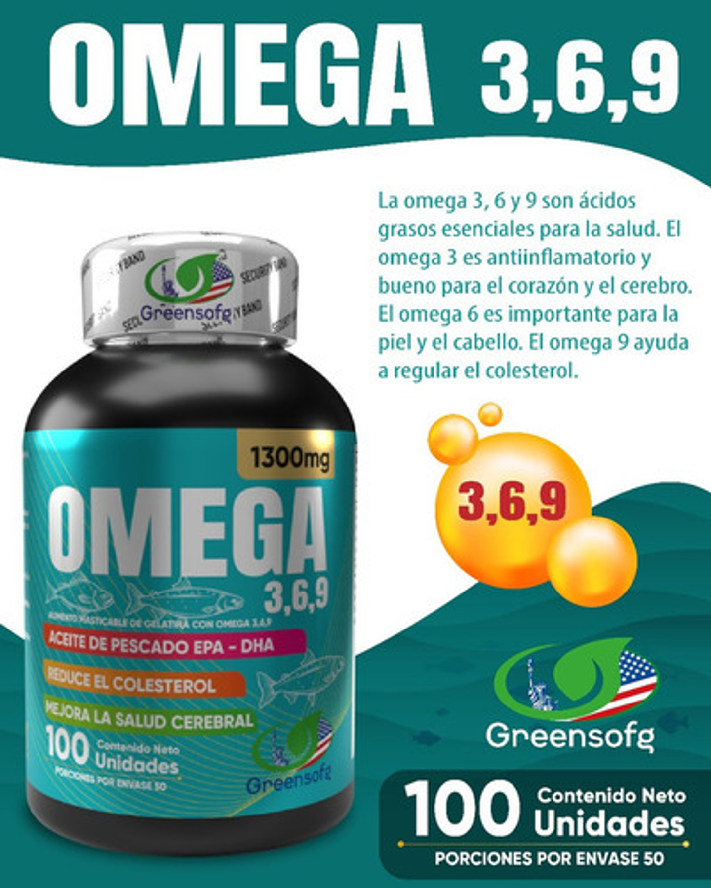 Omega 3, 6 & 9 Epa Dha 1300mg Puro Americano Natural Sabor Original 3