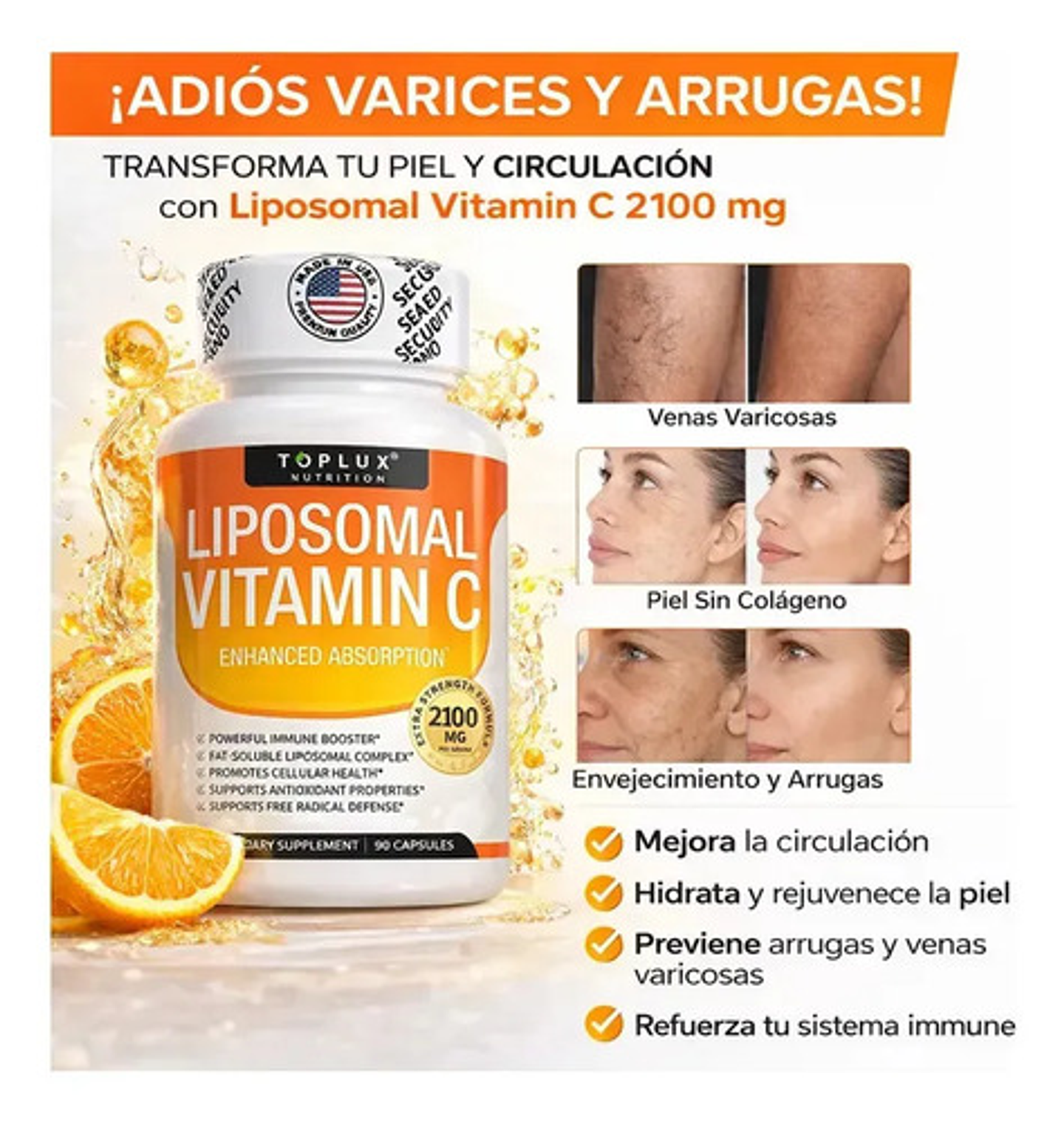 Vitamina C Liposomal De 90 Capsulas Uñas, Piel, Cartilago Sin Sabor 4
