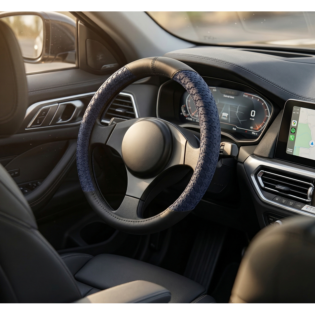 Cubre Volante Eco Cuero Negro Con Azul Texturado Premium 3