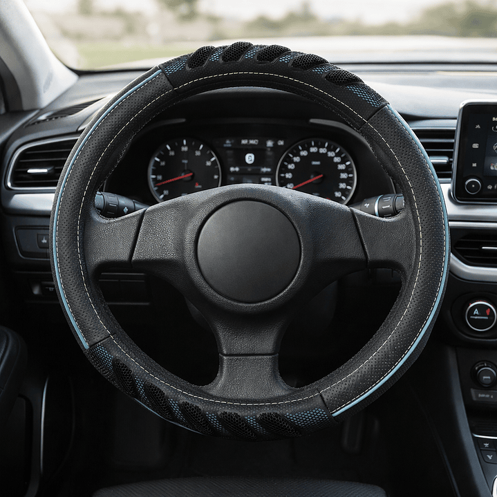 Cubre Volante Eco Cuero Negro Detalles Verde Agua Premium 3