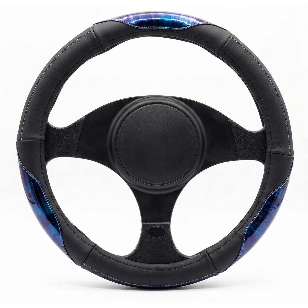 Cubre Volante Eco Cuero Negro Detalles Azul Neon Premium 1