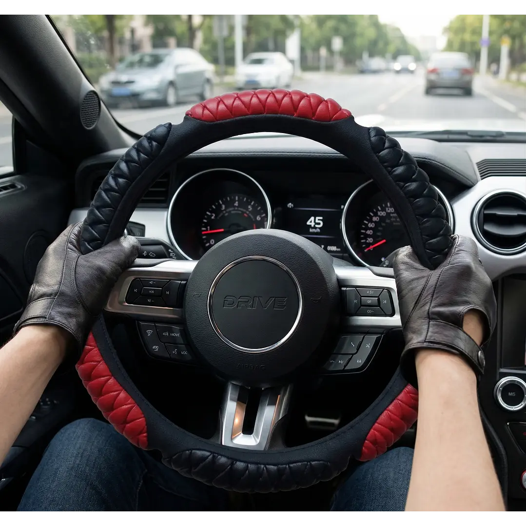 Cubre Volante Acolchado Universal Negro Rojo 3